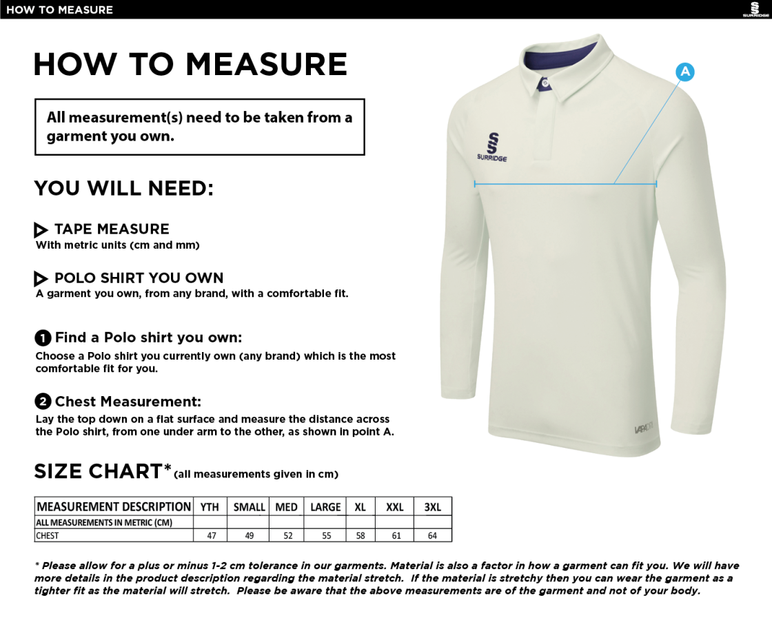 AIREDALE CC FUSE LONG SLEEVE CRICKET SHIRT - Mens / Juniors - Size Guide