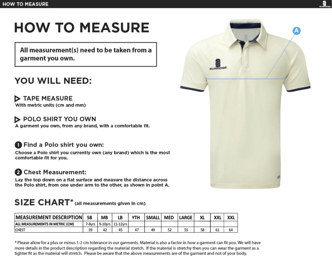 AIREDALE CC FUSE SHORT SLEEVE CRICKET SHIRT - Mens / Juniors - Size Guide