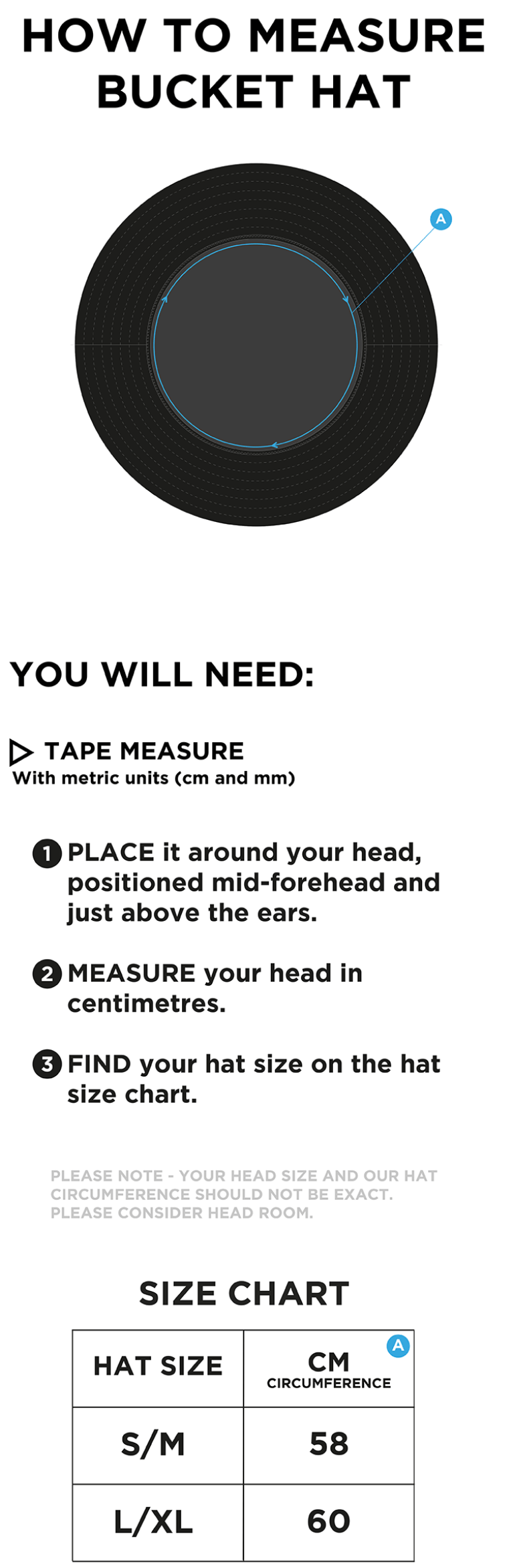 Dual Bucket Hat - Black - Size Guide