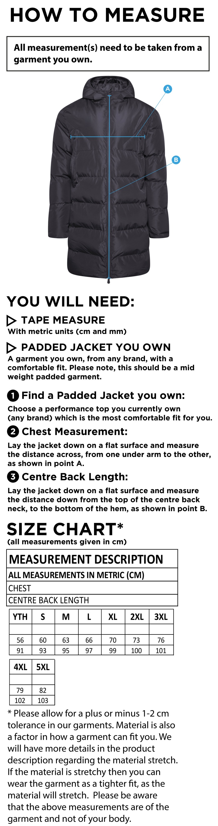 ACTIVE LONG PADDED JACKETS BLACK - Size Guide